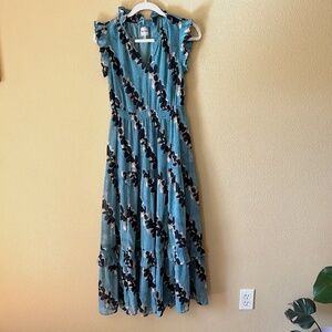 Nic+Zoe Rolling Reef Ruffled Maxi Dress Women's Aqua Blue V-Neck, Cap Sleeve XS
